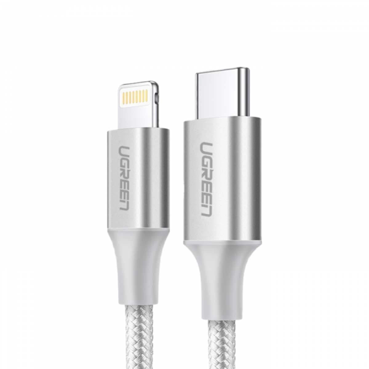 يوجرين كابل USB-C إلى Lightning أبيض مضفر بطول 1m
