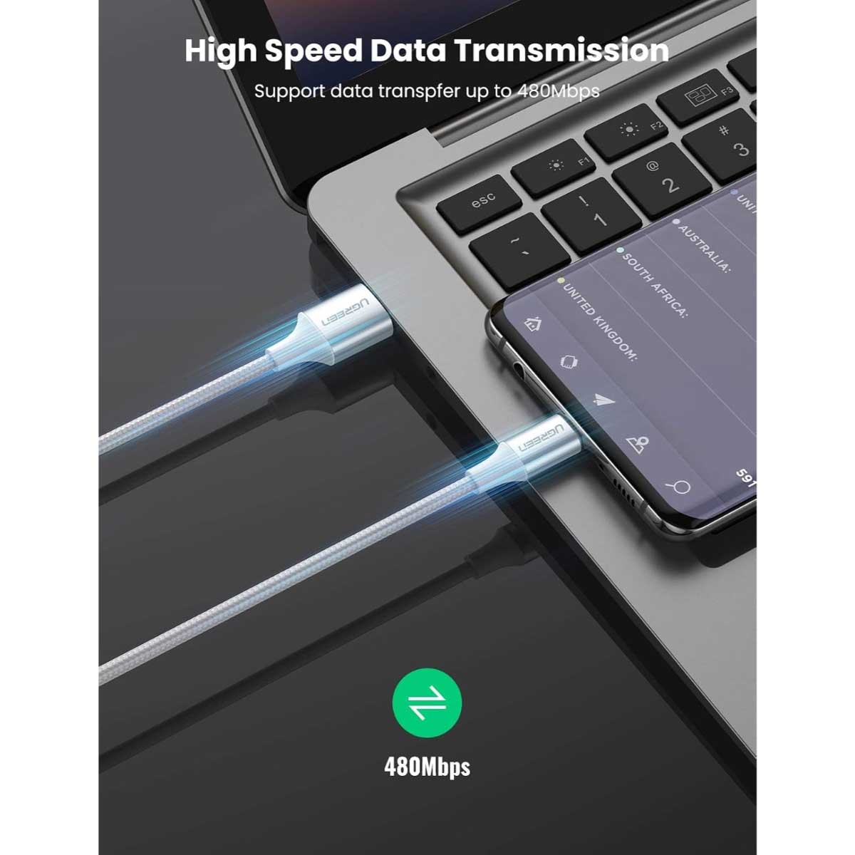 يوجرين US288 كابل USB-A إلى USB-C بقدرة 3A