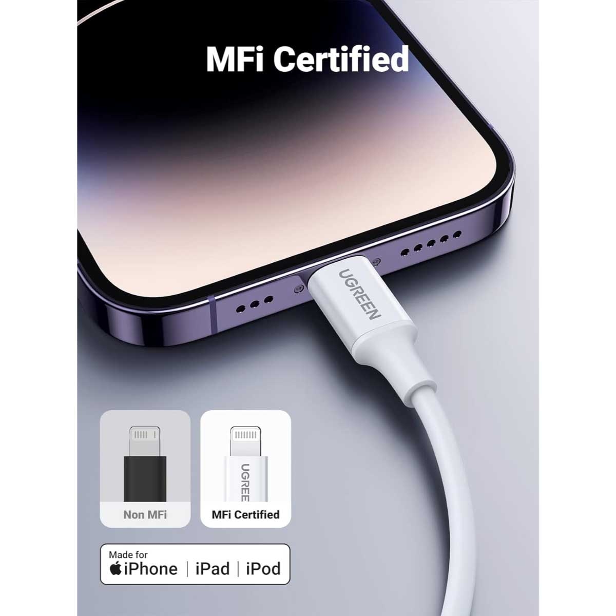 يوجرين كابل USB-C إلى Lightning أبيض بطول 1m