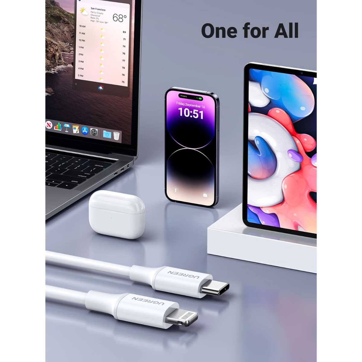 يوجرين كابل USB-C إلى Lightning أبيض بطول 1m