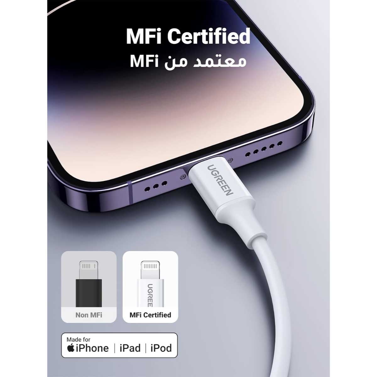يوجرين كابل USB-C إلى Lightning أبيض بطول 2m بقدرة 20W
