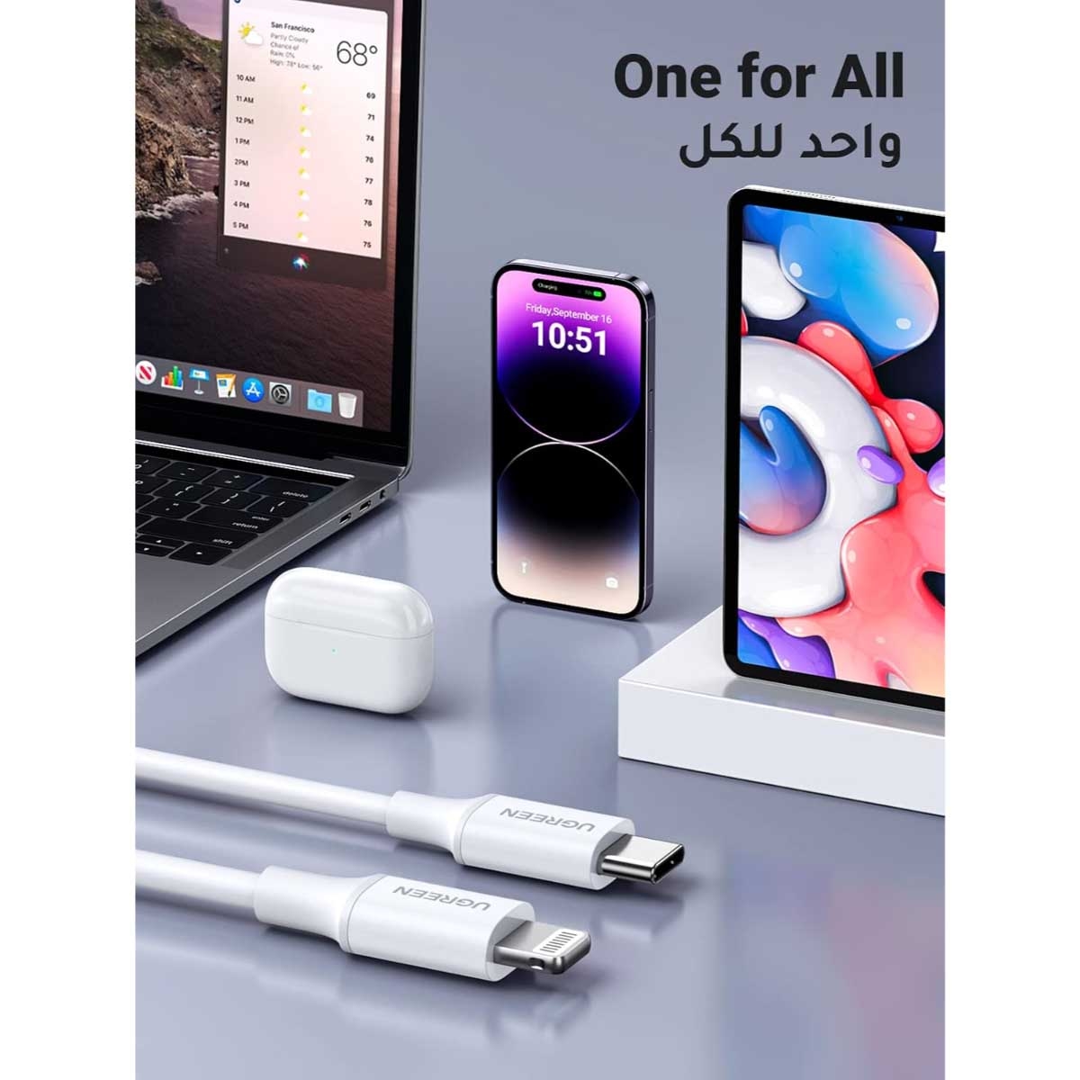 يوجرين كابل USB-C إلى Lightning أبيض بطول 2m بقدرة 20W