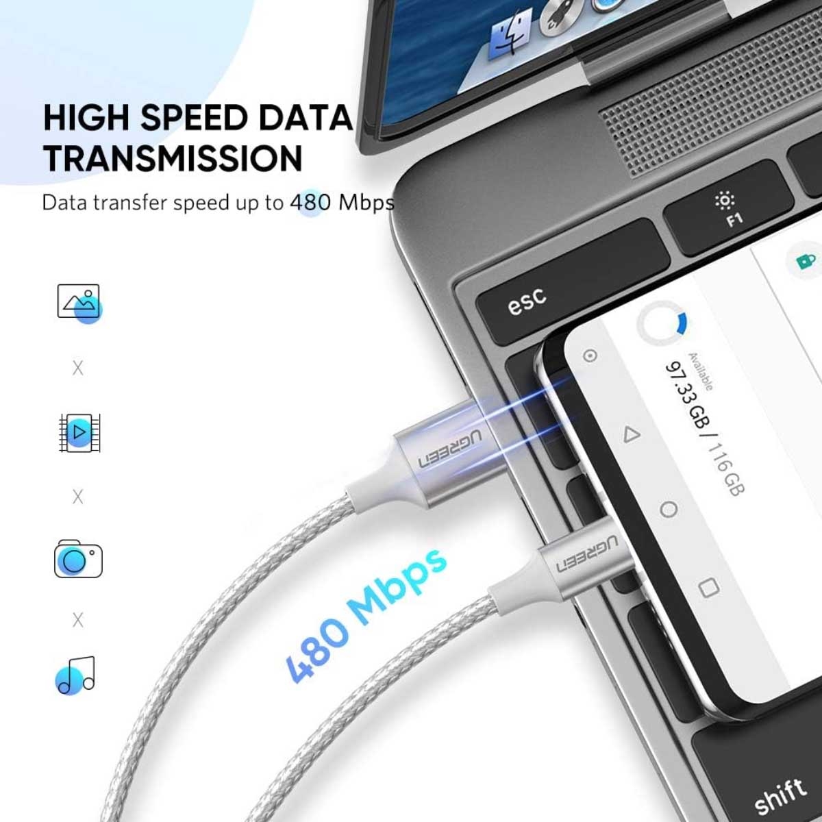 يوجرين US288 كابل USB-A إلى USB-C بقدرة 3A
