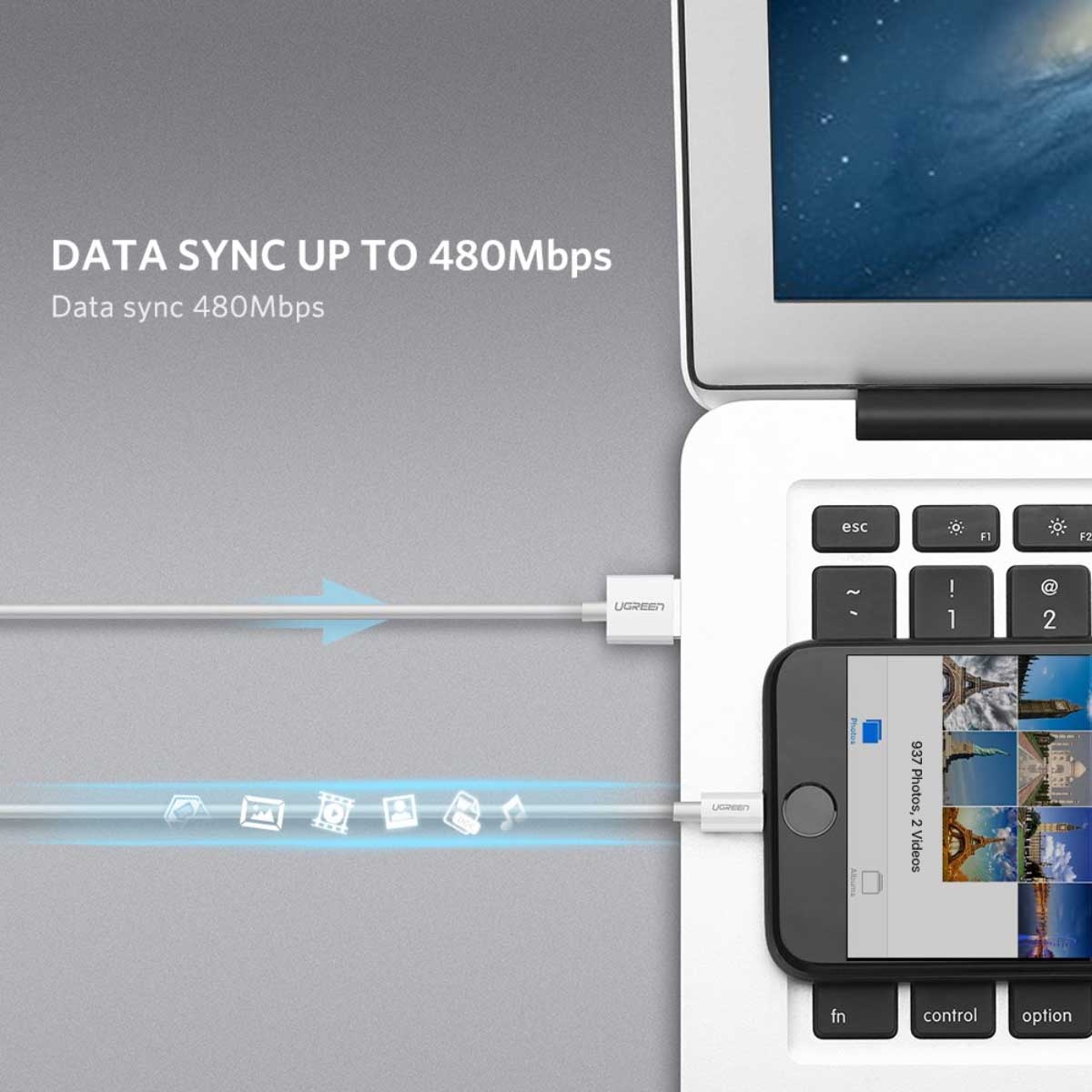 يوجرين كابل USB-A إلى Lightning أبيض بطول 2m