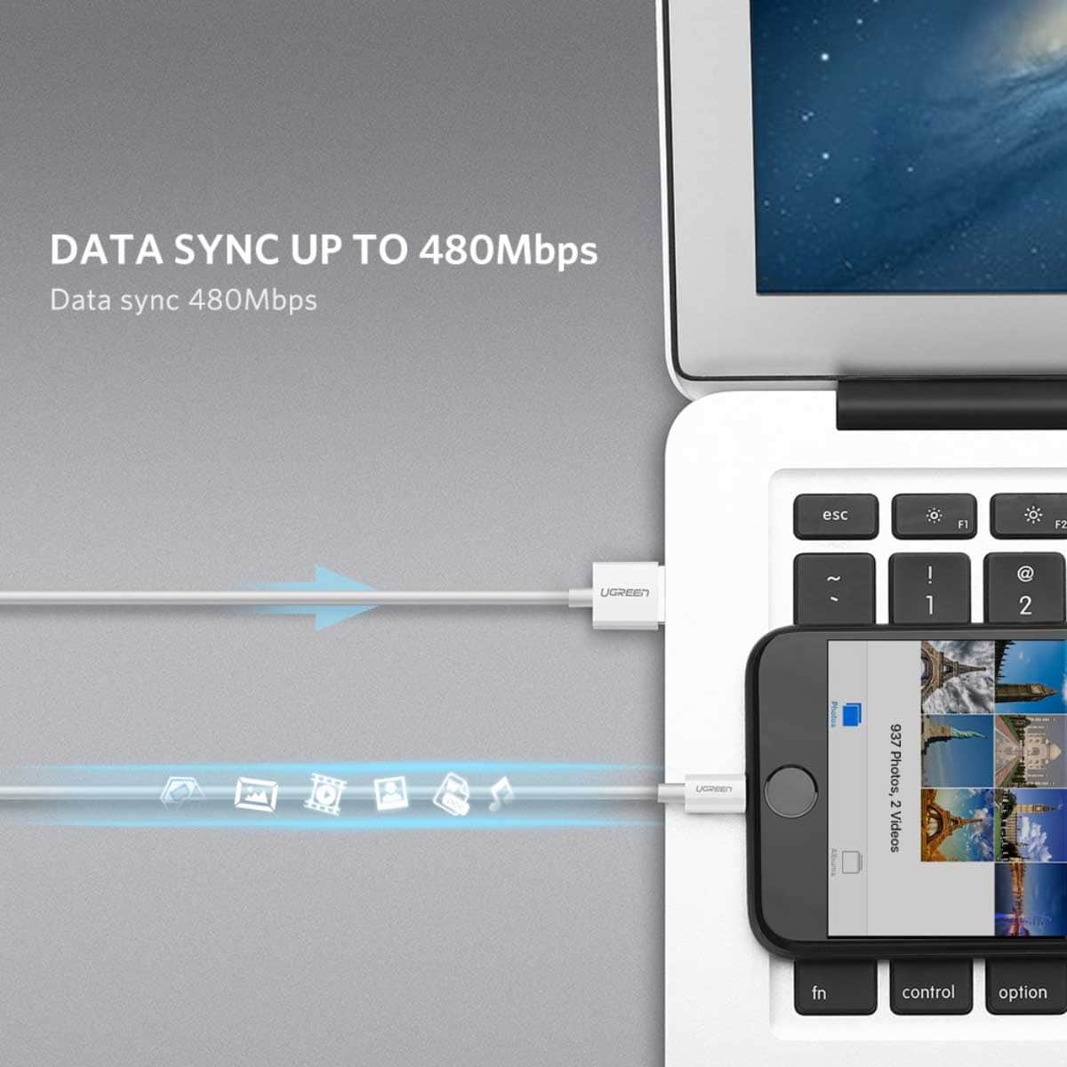 يوجرين كابل USB-A إلى Lightning أبيض بطول 2m