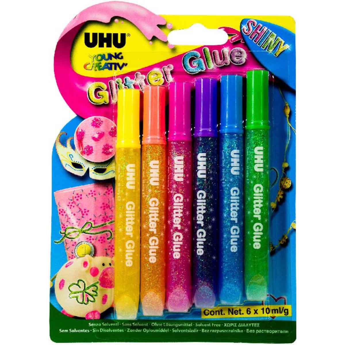 UHU 6-Piece 10ml Neon Shiny Colors Young Creative Assorted Glitter Glue Set