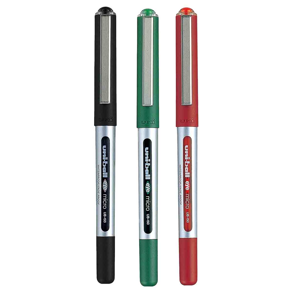 Uni-Ball 0.5mm Eye Micro Black/Green/Red Roller Pen, Pack of 3