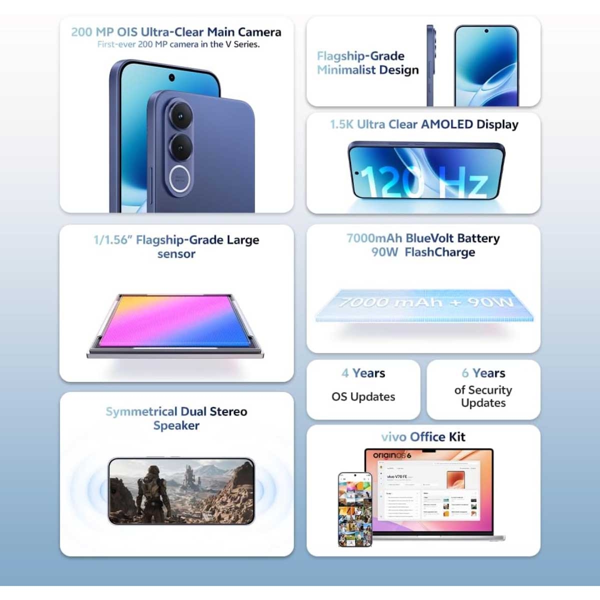 فيفو V70 FE 5G (8 جيجابايت رام، سعة 256 جيجابايت)، إصدار السعودية - أزرق محيطي مع سماعات TWS + شاحن + حافظة حماية - حزمة متكاملة