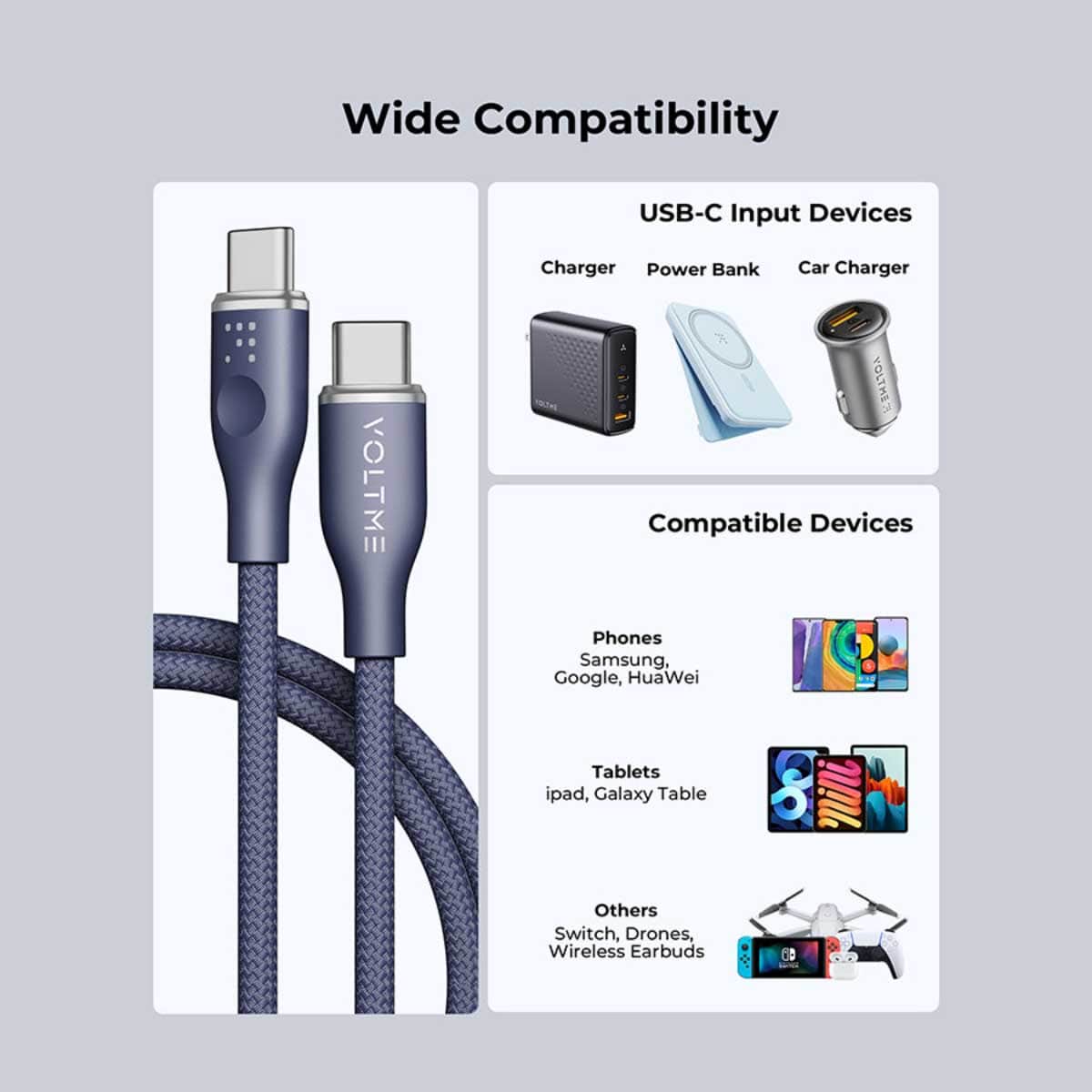 فولتمي كابل راج سيريز USB-C إلى USB-C من النايلون بقدرة 60W