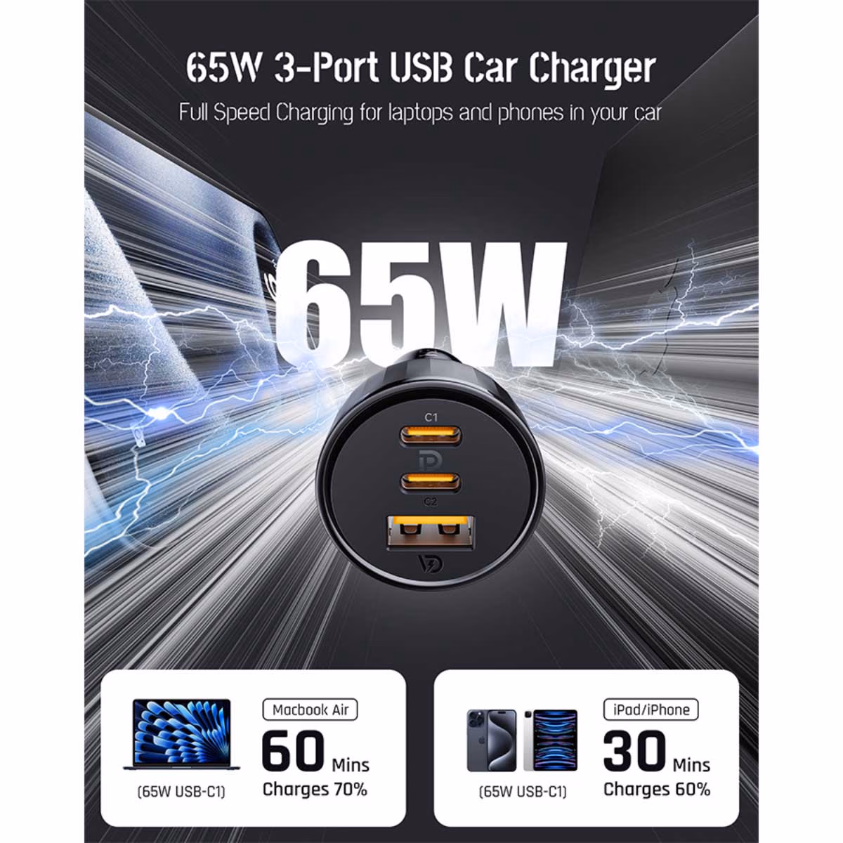 فولتمي شاحن سيارة كازو بقدرة 65W مع 3 منافذ