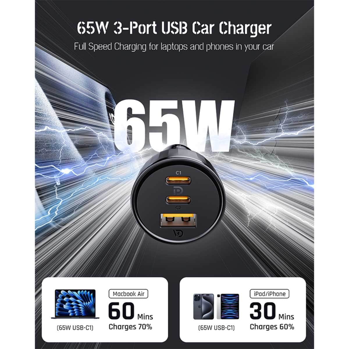 فولتمي شاحن سيارة كازو بقدرة 65W مع 3 منافذ