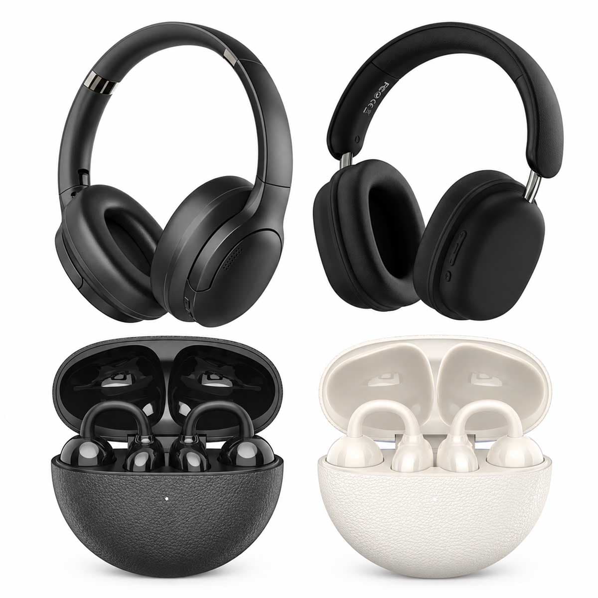 وايو AI305 سماعات أذن OWS باللونين الأسود والأبيض مع سماعة رأس Elite TD-05 + سماعة رأس Soundcool TD-02، طقم