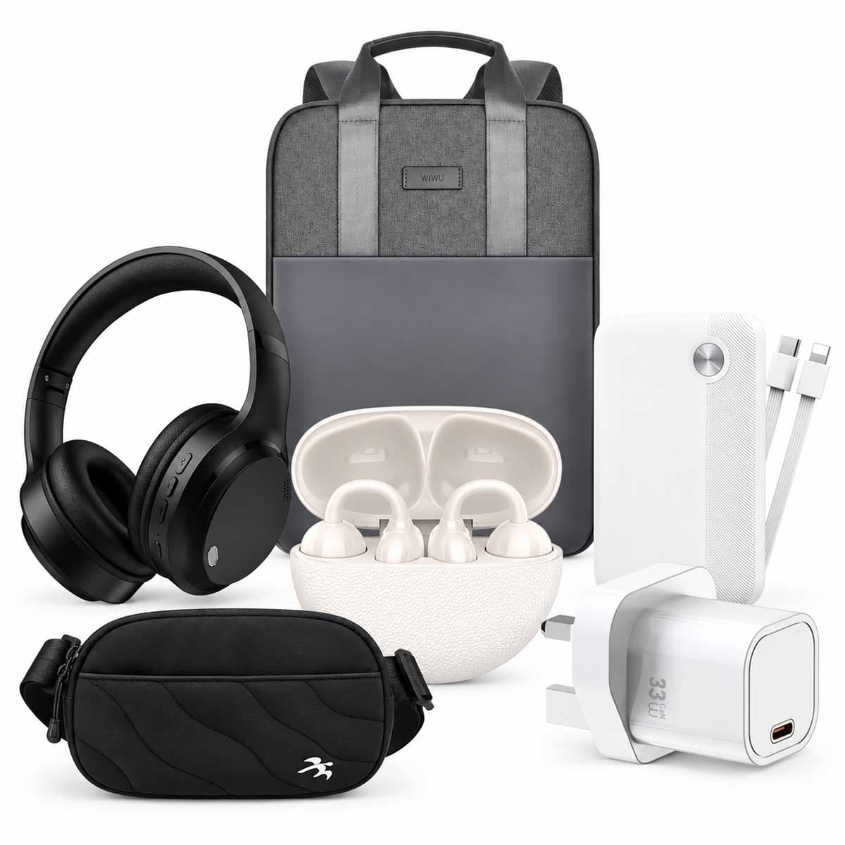 وايو حقيبة ظهر مع سماعة رأس TD-11 + سماعات أذن AI305 TWS + باور بانك + شاحن سريع GaN + حقيبة كروس بودي، طقم
