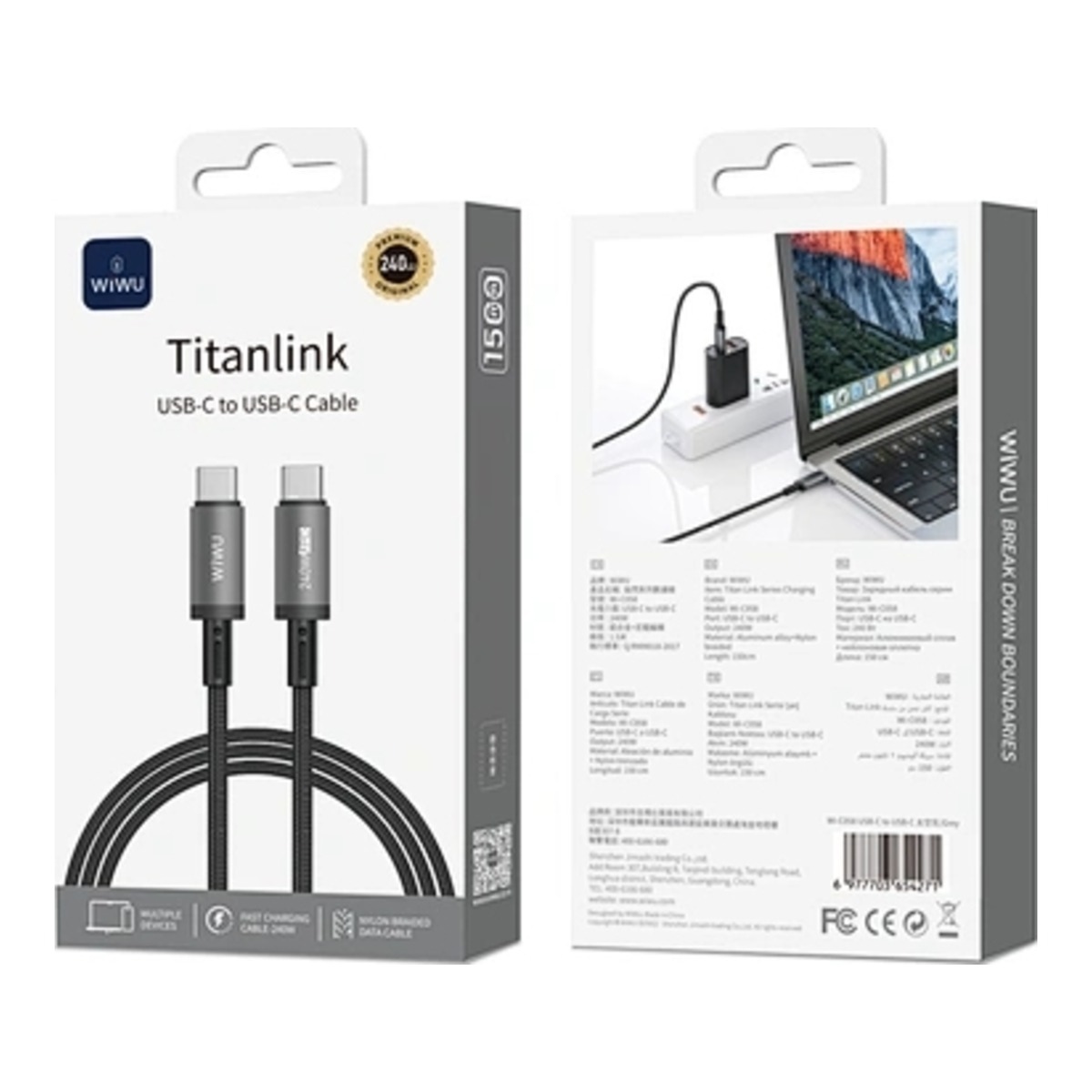 WiWU 1.5m 240W Essen Series Nylon Braided Type-C to Type-C CableWiWU