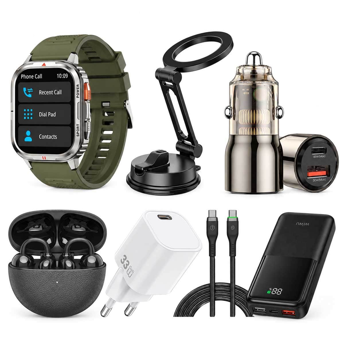 WiWU Car Mount & Charger with GaN Fast Charger + OWS Earbuds + USB-C to USB-C Cable + Power Bank & Smart Watch Bundle