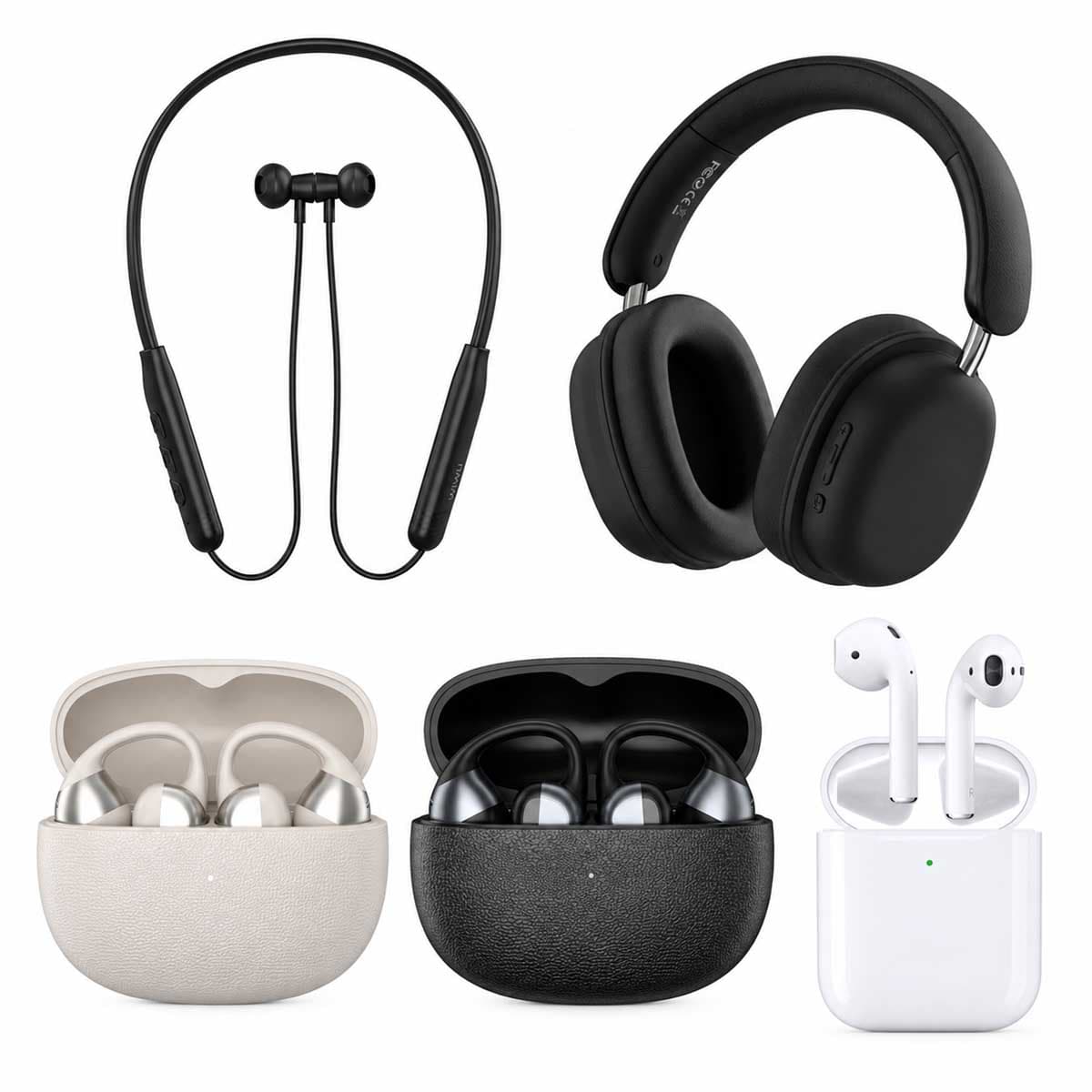 وايو O501 سماعات أذن OWS باللونين العاجي والأسود مع سماعات أذن Airbuds SE Lite + سماعة رأس Elite TD-05 + سماعة رقبة Flex GB05، طقم