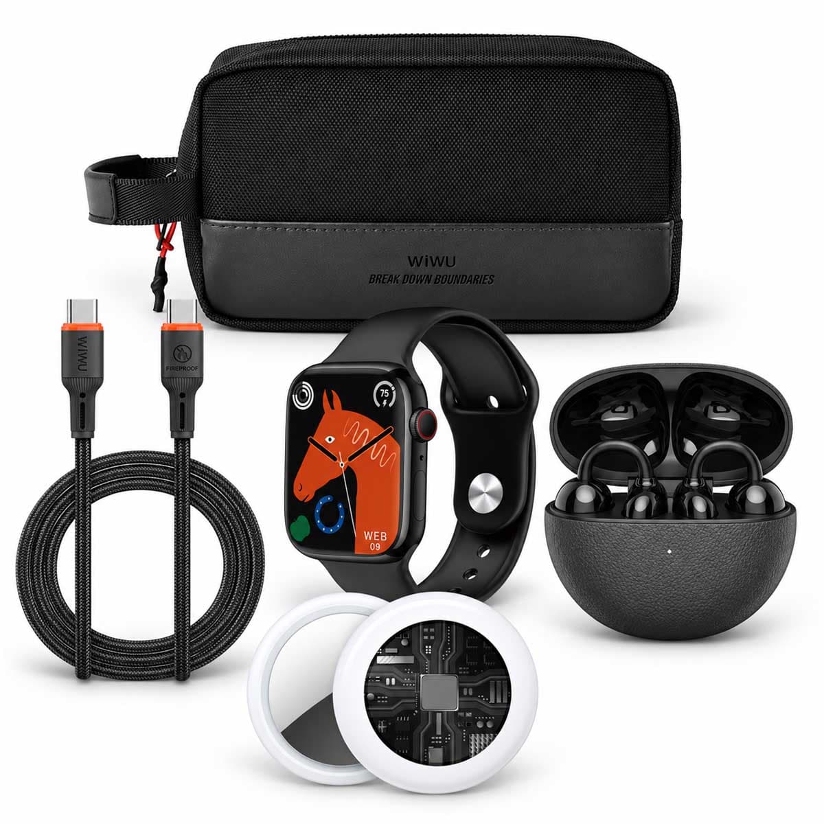 وايو SW01 Pro Lite ساعة ذكية مع سماعات أذن AI305 OWS + حقيبة صغيرة + كابل يو إس بي سي إلى يو إس بي سي + جهاز تتبع iTag، طقم