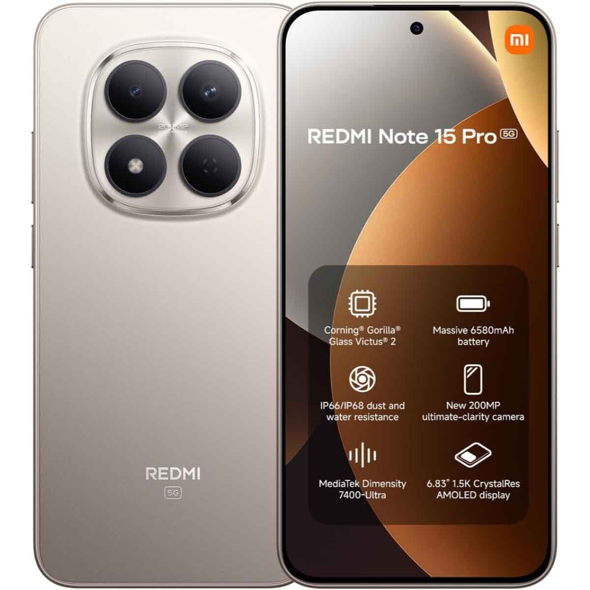 Xiaomi Redmi Note15 Pro 5G Android Smartphone (8GB RAM, 256GB Storage) - Titanium, KSA Version