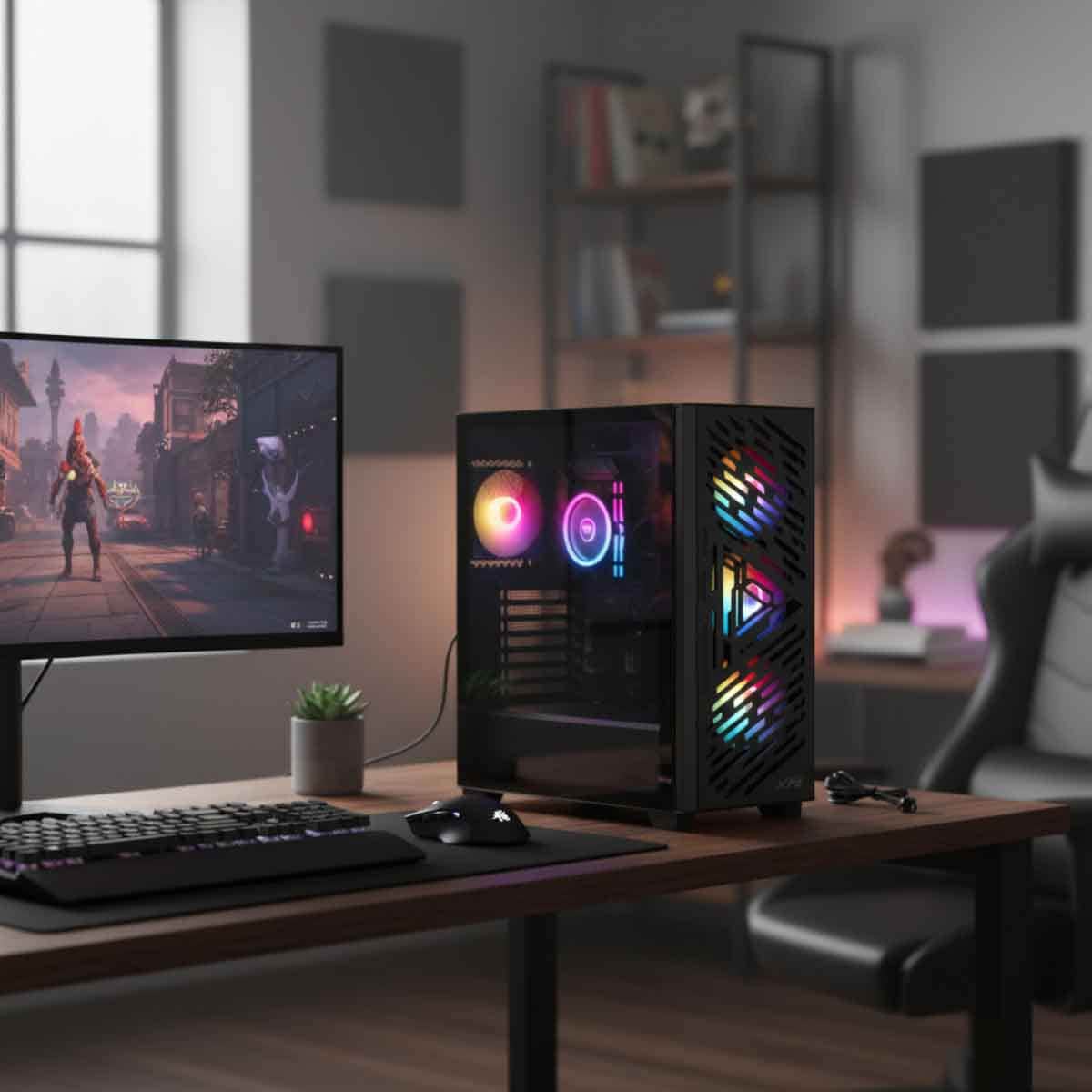 إكس بي جي كيس كمبيوتر ATX باللون الأسود مع 4 مراوح ARGB سلسلة Lander 501 ولوحة أمامية شبكية RGB