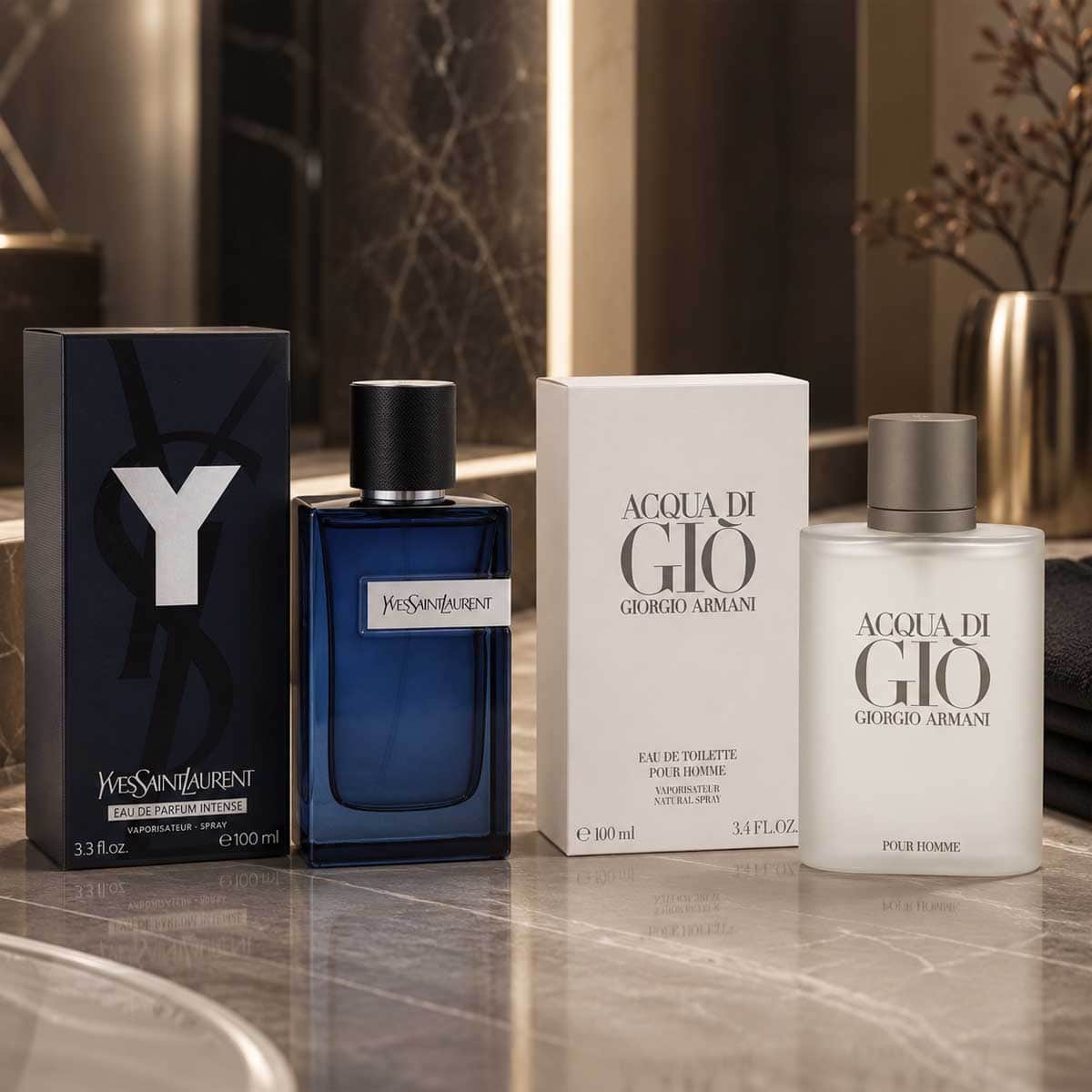 إيف سان لوران واي إنتنس عطر أو دو بارفيوم مع جورجيو أرماني أكوا دي جيو عطر أو دو تواليت للرجال، باقة