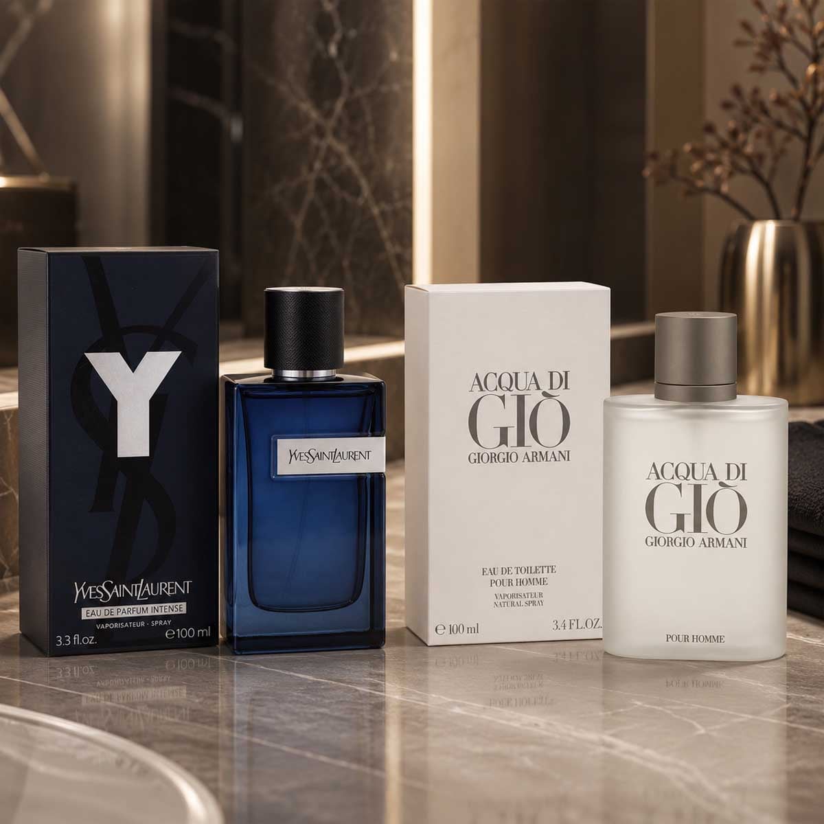 إيف سان لوران واي إنتنس عطر أو دو بارفيوم مع جورجيو أرماني أكوا دي جيو عطر أو دو تواليت للرجال، باقة