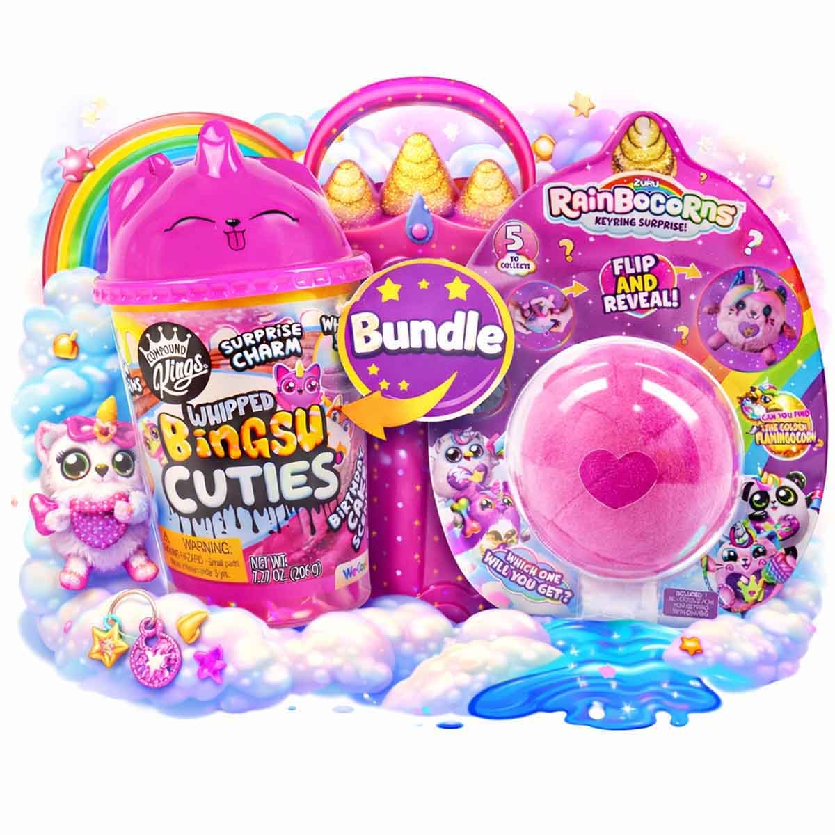 Zuru Rainbocorns Surprise Keyring & Compound Kings Bingsu Slime Bundle Pack Girls, 5-7 Years