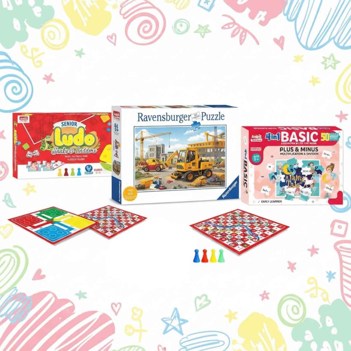 Ankit Toys Board Game + Jigsaw Puzzle with Ravensburger Spinosaurus & Construction Site Puzzle Bundle Unisex, 5-7 Years