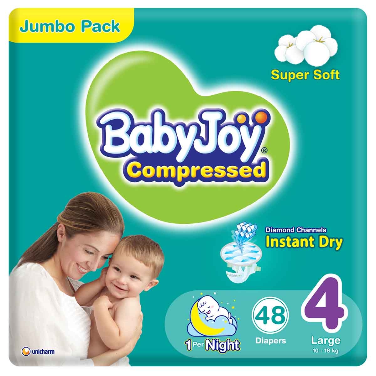 بيبي جوي حفاضات أطفال بوسادة ماسية مضغوطة مقاس 4 كبير 10-18 كغ – 48 قطعة