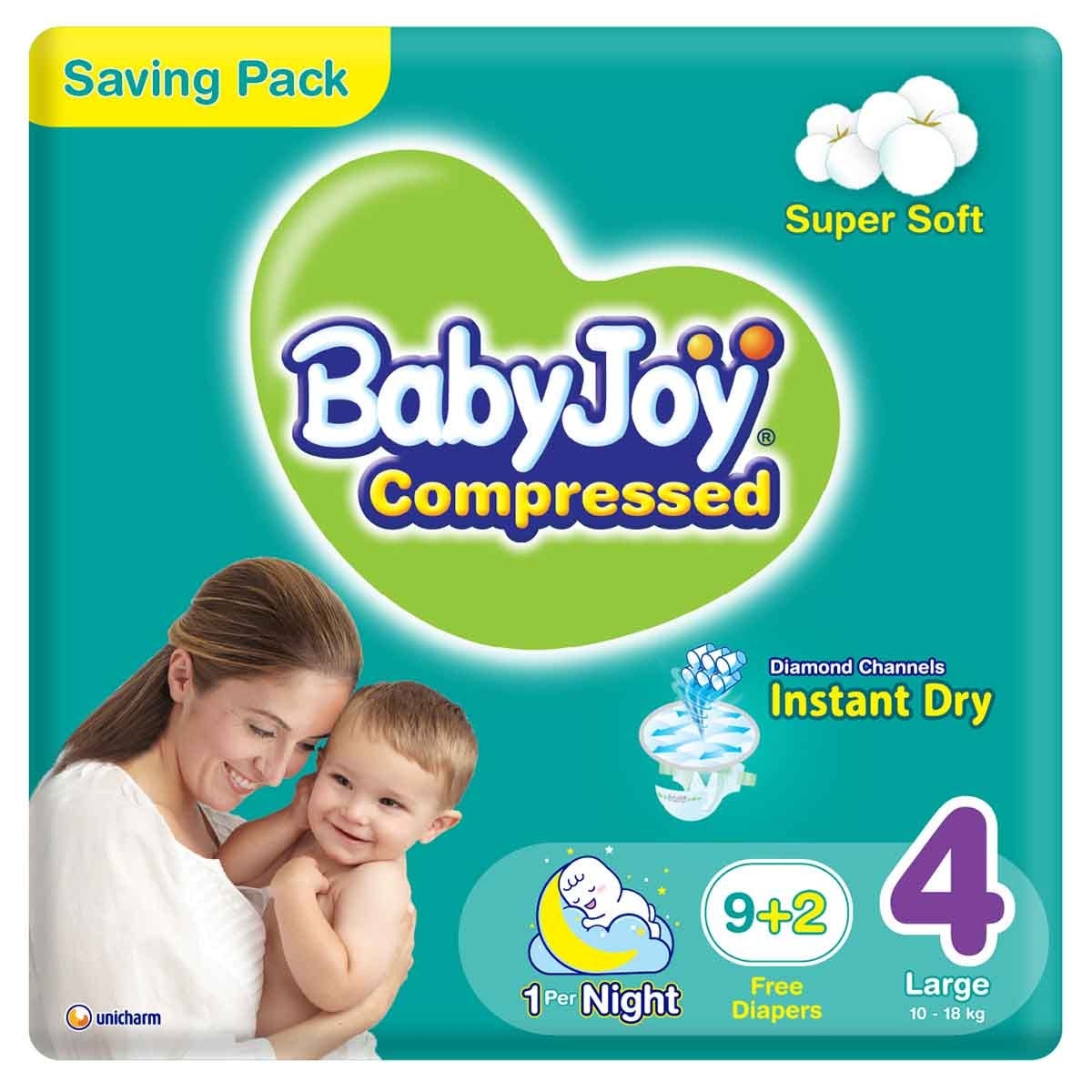 بيبي جوي حفاضات أطفال بوسادة ماسية مضغوطة مقاس 4 كبير 10-18 كغ – 11 قطعة