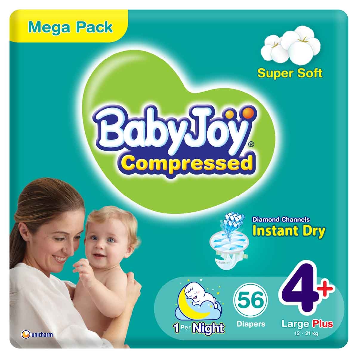 بيبي جوي حفاضات أطفال بوسادة ماسية مضغوطة مقاس 4+ كبير بلس 12-21 كغ – 56 قطعة