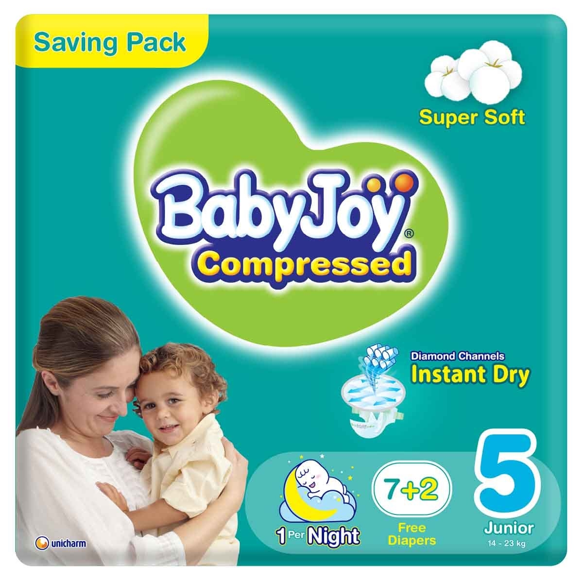 بيبي جوي حفاضات أطفال بوسادة ماسية مضغوطة مقاس 5 جونيور 14-23 كغ – 9 قطع