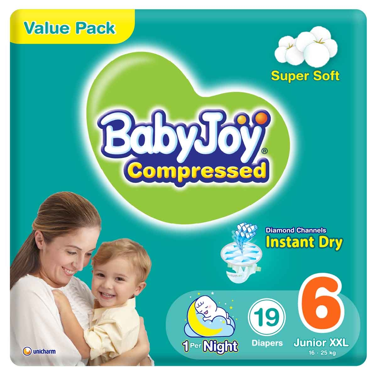 بيبي جوي حفاضات أطفال بوسادة ماسية مضغوطة مقاس 6 جونيور XXL 16-25 كغ – 19 قطعة