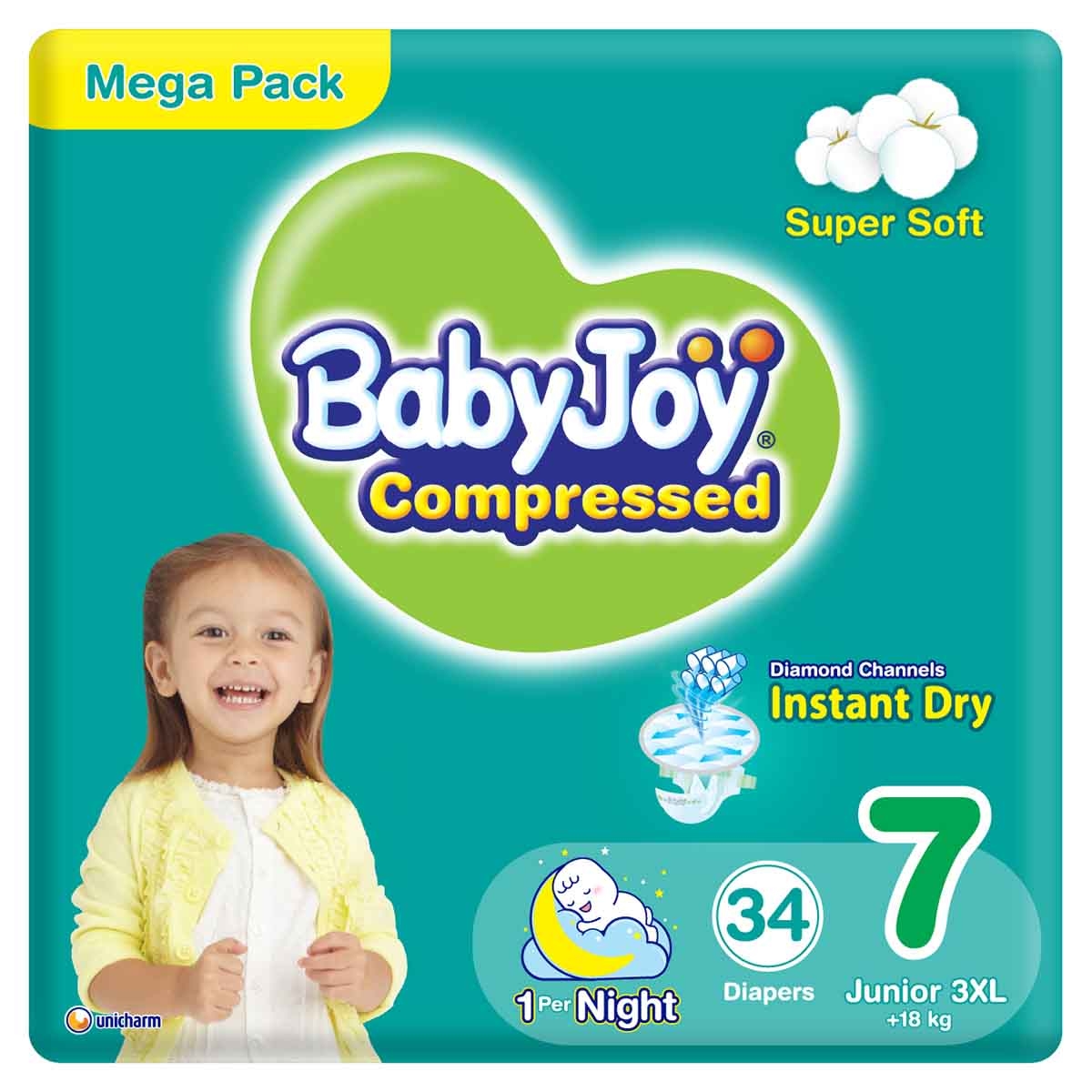 بيبي جوي حفاضات أطفال بوسادة ماسية مضغوطة مقاس 7 جونيور 3XL 18+ كغ – 34 قطعة