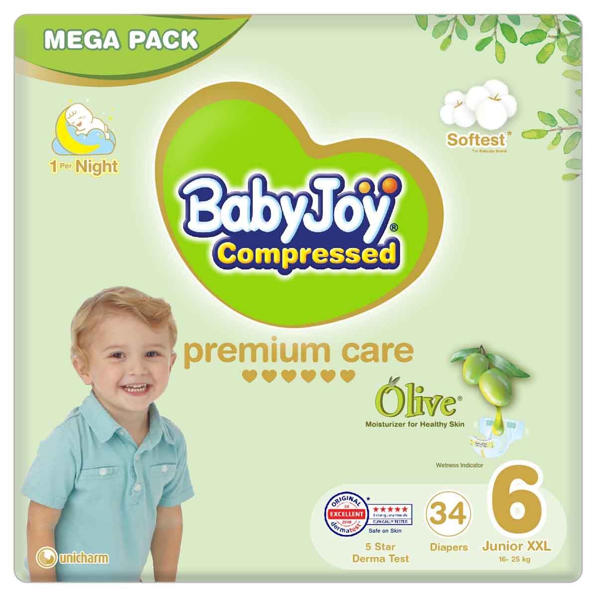 BabyJoy 34-Piece Size 6 Junior XXL 16-25 kg Olive Tape Diapers