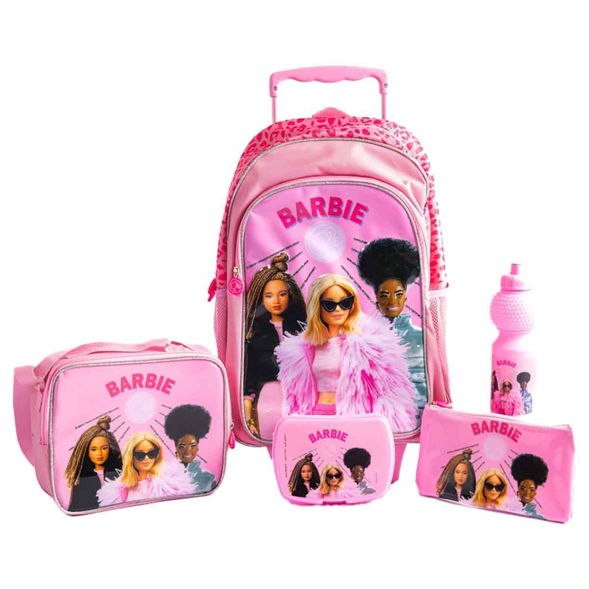 باربي مجموعة حقيبة ترولي مقاس 18 انش باللون الوردي مع حقيبة غداء ومقلمة وزجاجة مياه وصندوق طعام للبنات من عمر 5-7 سنوات