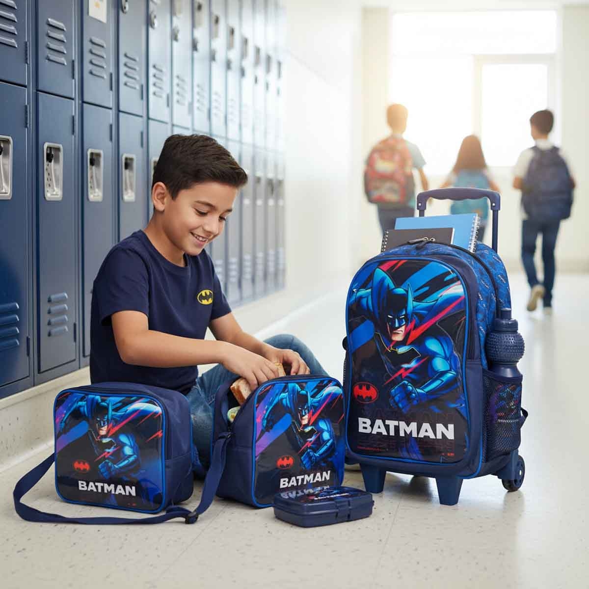Batman 18" Dark Blue Trolley Bag Set with Lunch Bag, Pencil Case, Water Bottle & Lunch Box