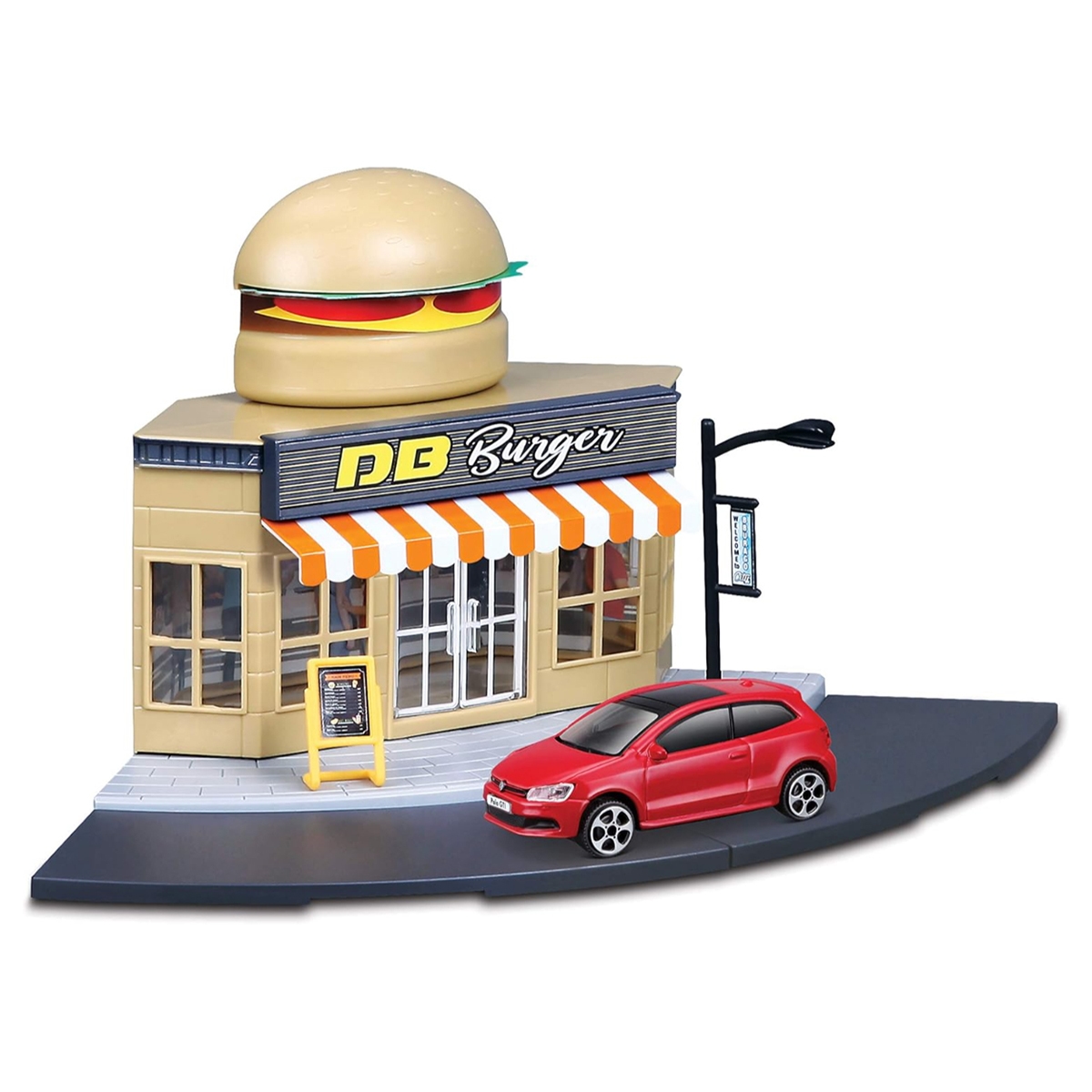 بوراجو مجموعة لعب مطعم ستريت فاير مع سيارة فولكس فاجن داي كاست بمقياس 1:43 للأولاد، 3-4 سنوات