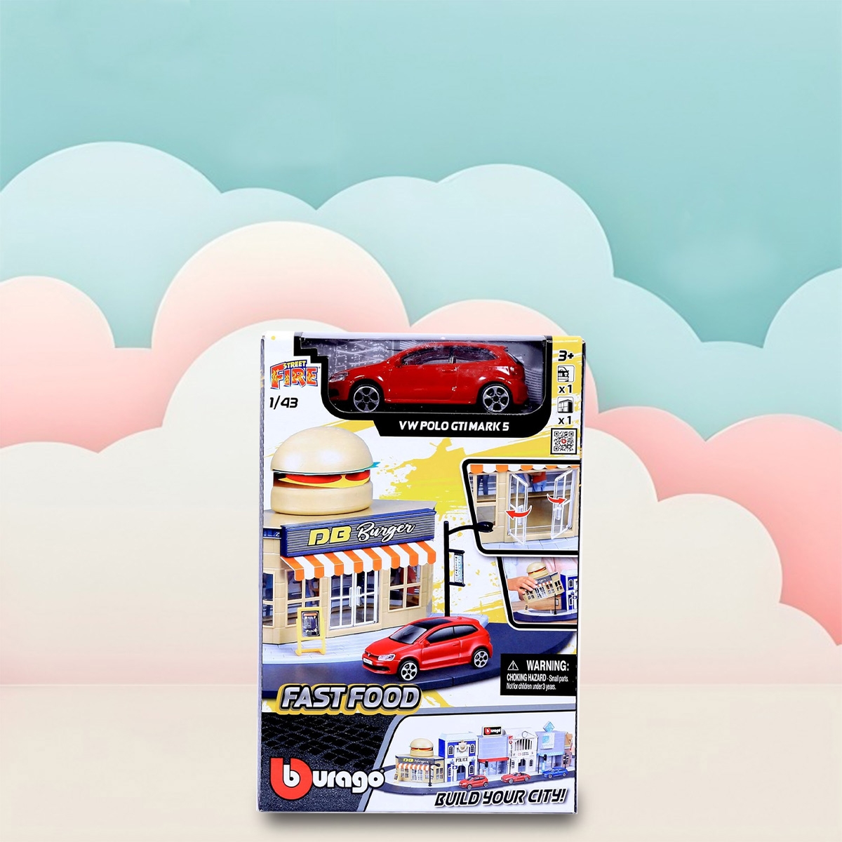 بوراجو مجموعة لعب مطعم ستريت فاير مع سيارة فولكس فاجن داي كاست بمقياس 1:43 للأولاد، 3-4 سنوات