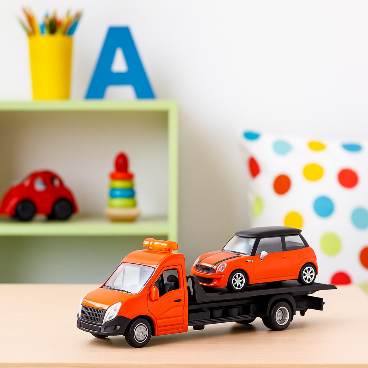 بوراغو ستريت فاير ناقلة مسطحة مع ميني كوبر S مجموعة لعب مجسمة معدنية بمقياس 1:43 للأولاد، 3-4 سنوات