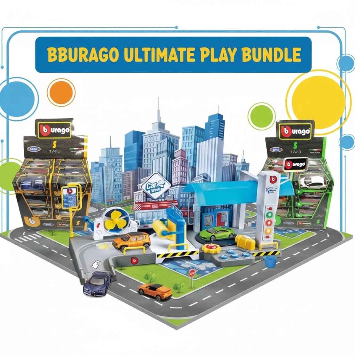 Bburago Street Fire Garage Car Wash Playset & Street Fire Assorted Diecast Car Bundle Unisex, 3-4 Years