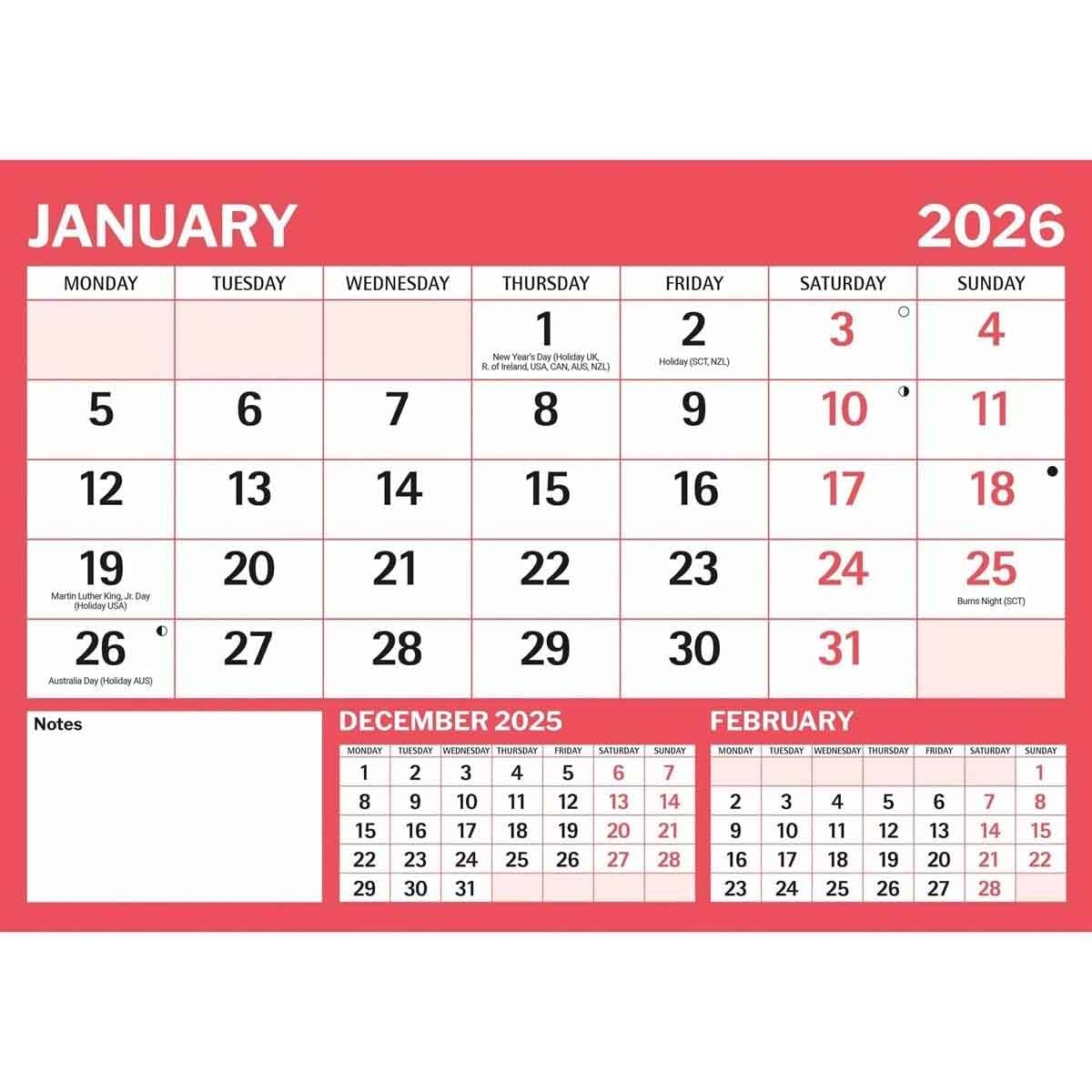 Carousel Worldwide, Red & Black Large Boldtype Landscape 2026 A4 Wall Calendar by Carousel Worldwide