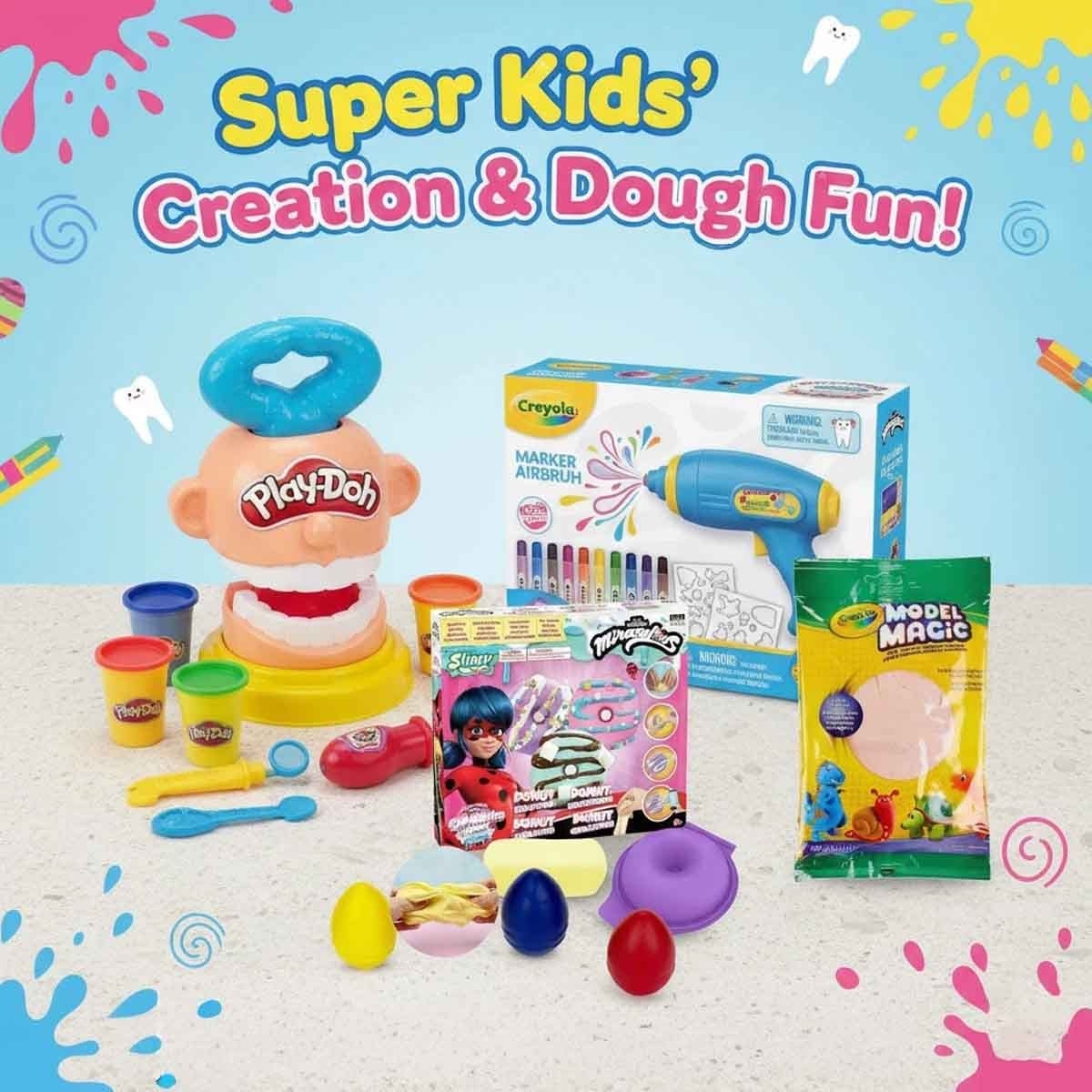 Crayola Clay with Airbrush, Egg Crayons & Miraculous Slime Donuts & Play-Doh Dentist Bundle Pack Unisex, 5-7 Years