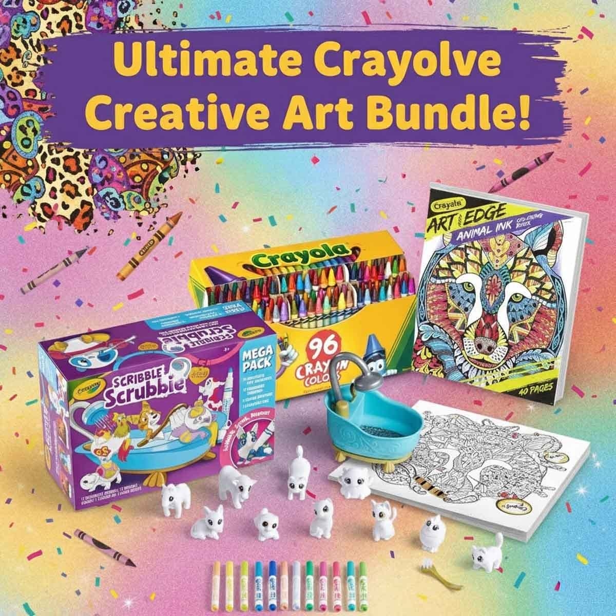 كرايولا مجموعة ألوان شمعية مع كتاب تلوين وحيوانات سكريبل سكربي مجموعة، للجنسين، 3-4 سنوات