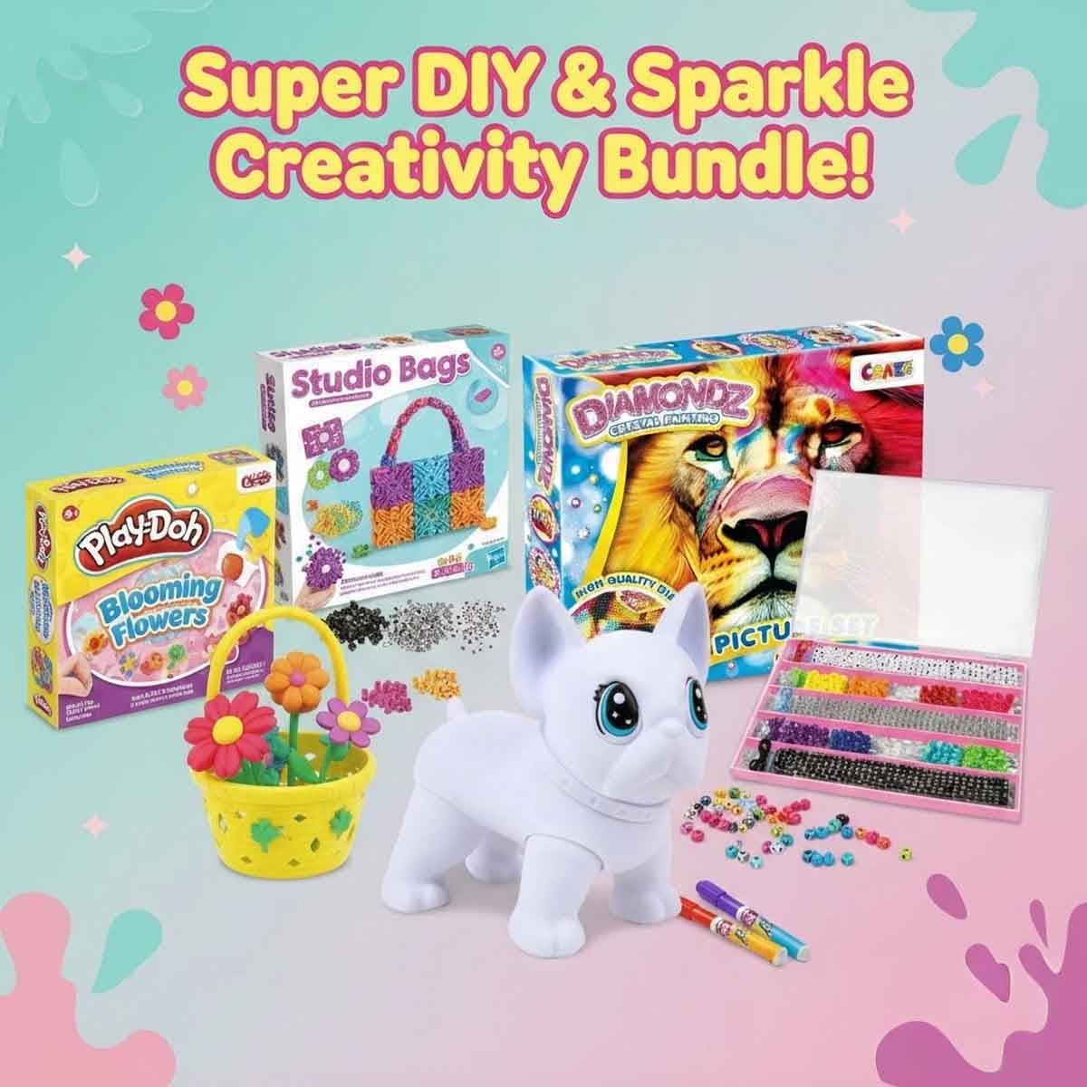 Craze Diamondz Lion Set with Studio Bag DIY & Alphabet Bead Kit, Scribble Scrubbie Wilbur & Play-Doh Flowers Bundle Unisex, 5-7 Years