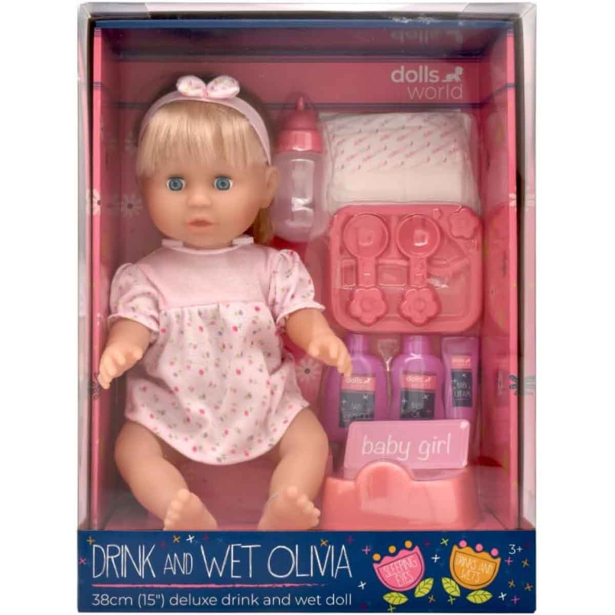Dolls World 15″ Drink and Wet Olivia Baby Doll Girls, 3-4 Years