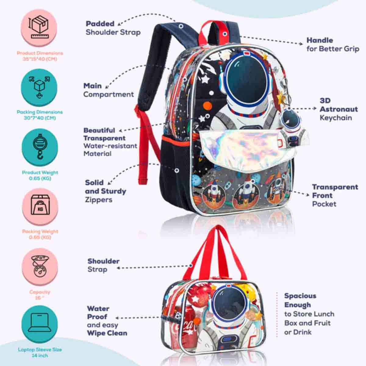 Eazy Kids 16" Astronaut 3-in-1 School Bag, Lunch Bag & Pencil Case Combo