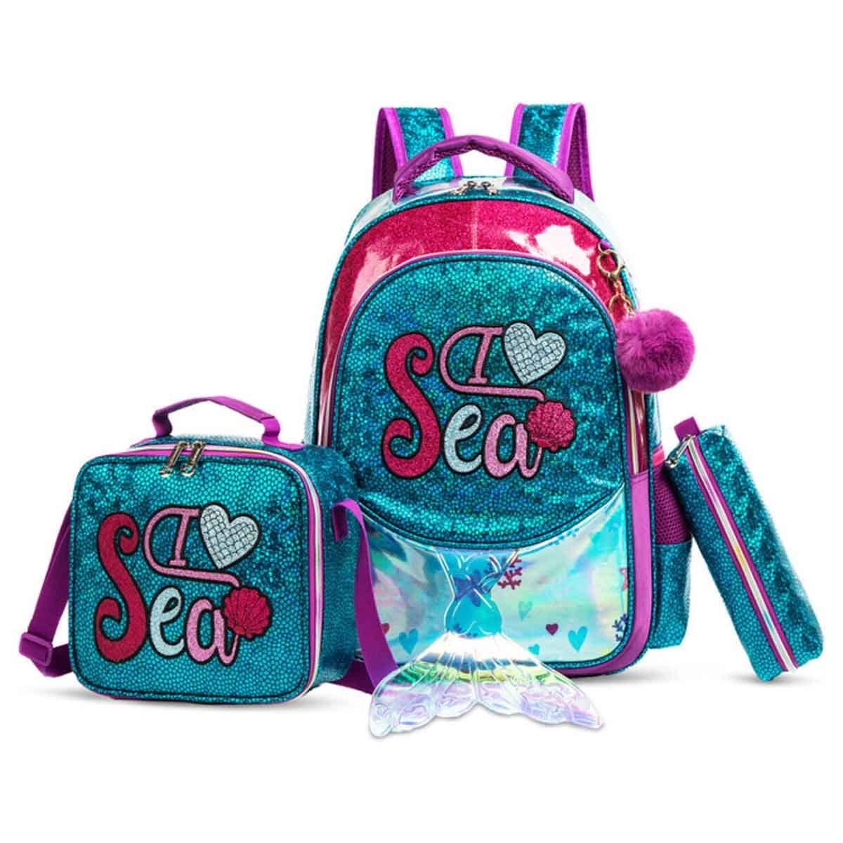 Eazy Kids 17" Mermaid Sea 3-in-1 School Bag, Lunch Bag & Pencil Case Combo