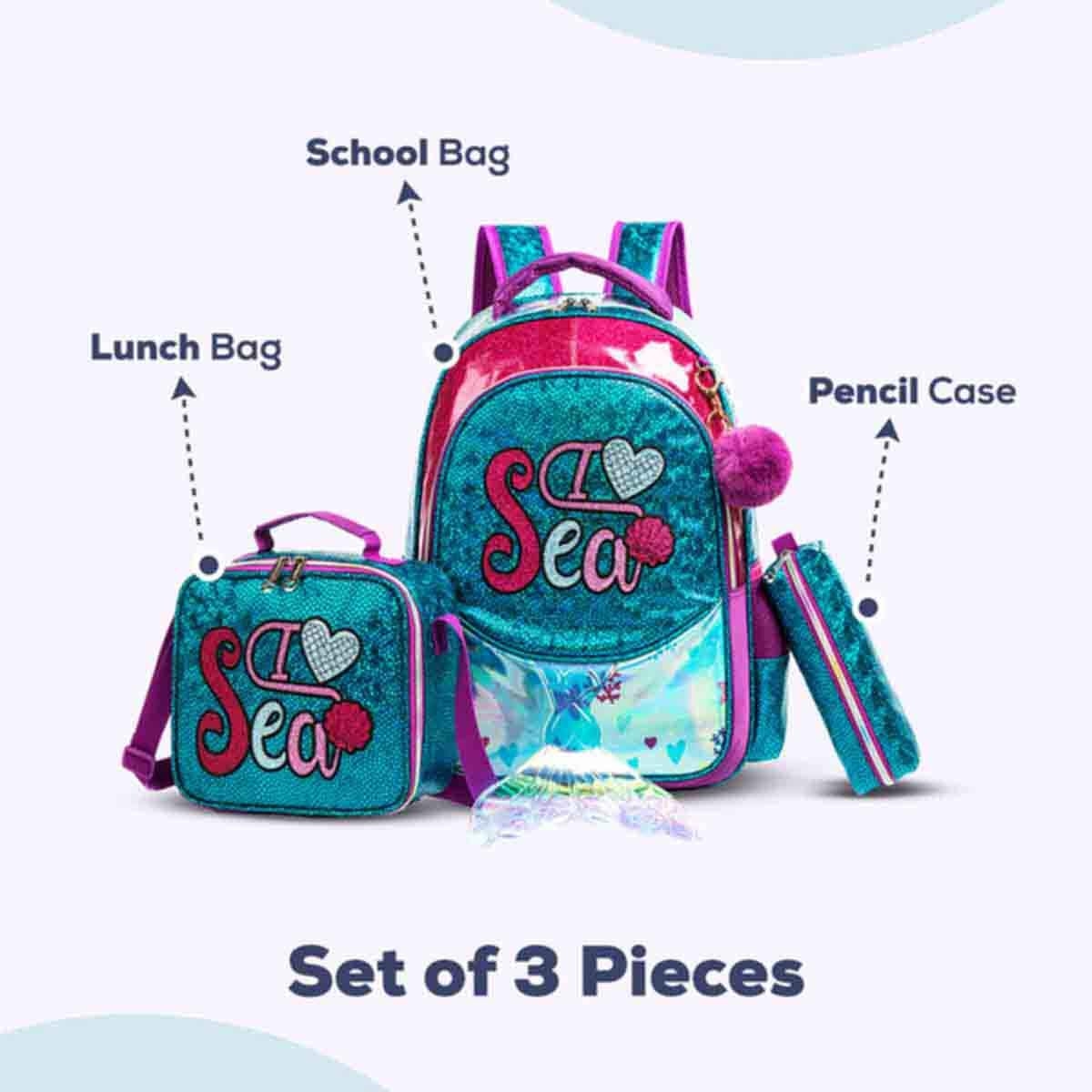 Eazy Kids 17" Mermaid Sea 3-in-1 School Bag, Lunch Bag & Pencil Case Combo