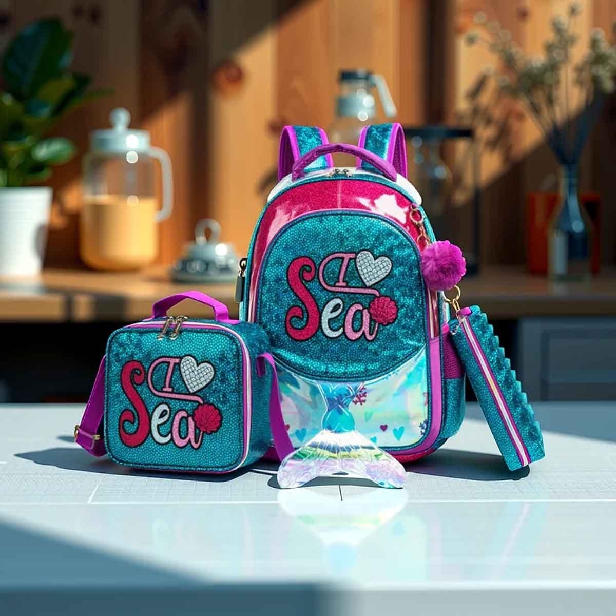 Eazy Kids 17" Mermaid Sea 3-in-1 School Bag, Lunch Bag & Pencil Case Combo