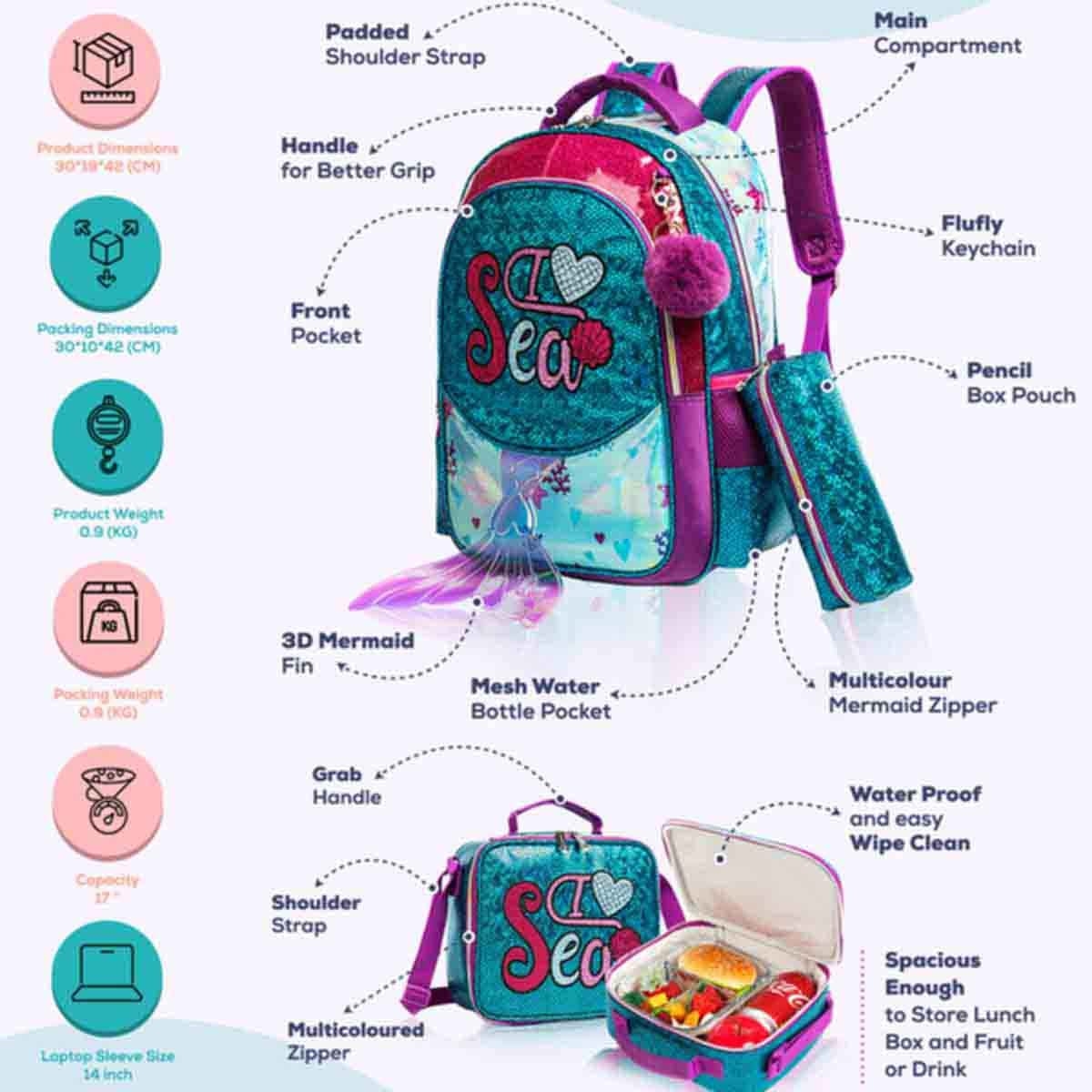 Eazy Kids 17" Mermaid Sea 3-in-1 School Bag, Lunch Bag & Pencil Case Combo
